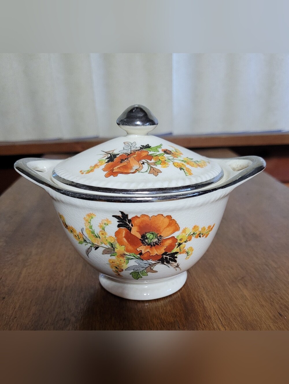 Vintage Sebring Co. Floral Covered Sugar Bowl - Orange Poppy Design. (116)